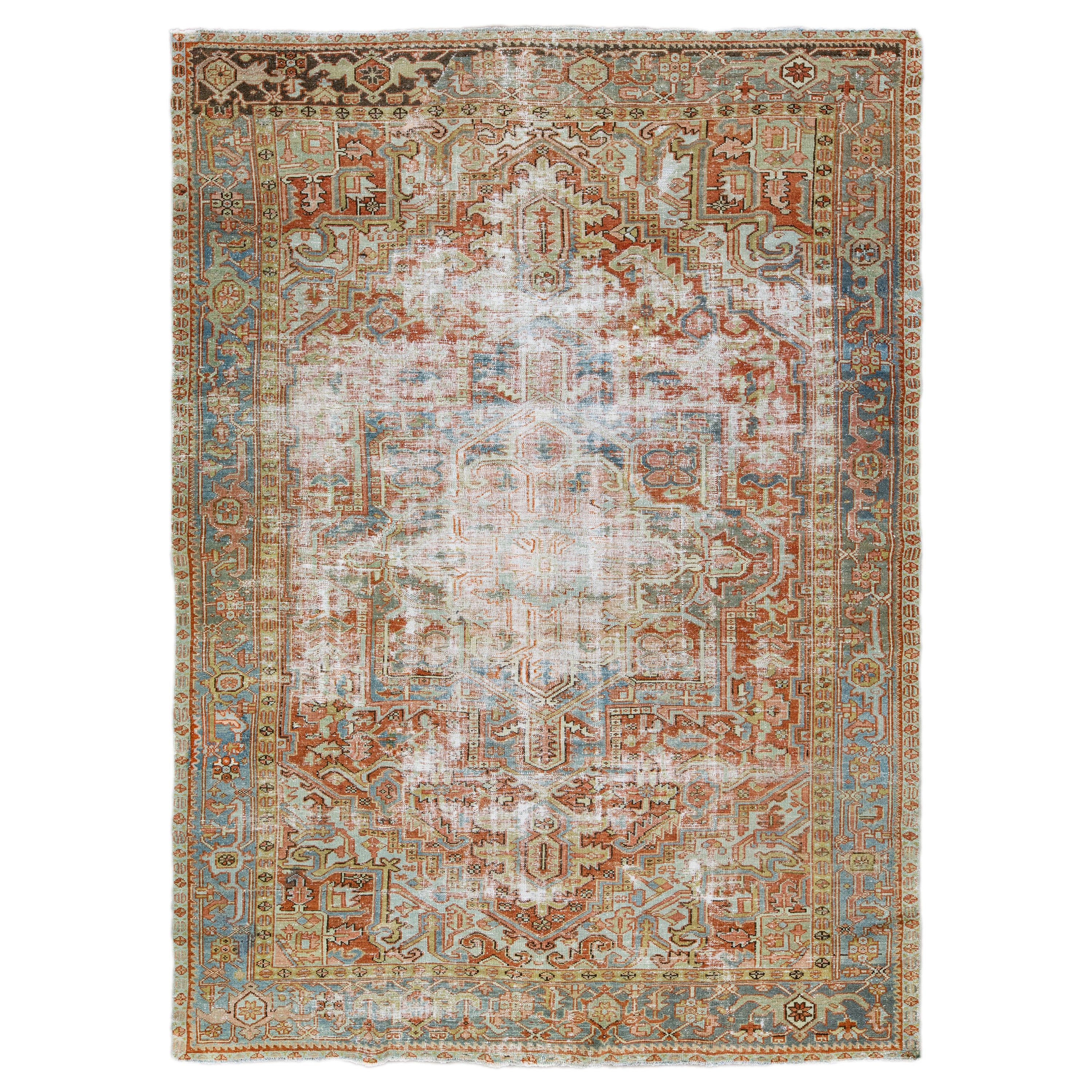 Antique Shabby Chic Persian Heriz Handmade Rusted Wool Rug For Sale