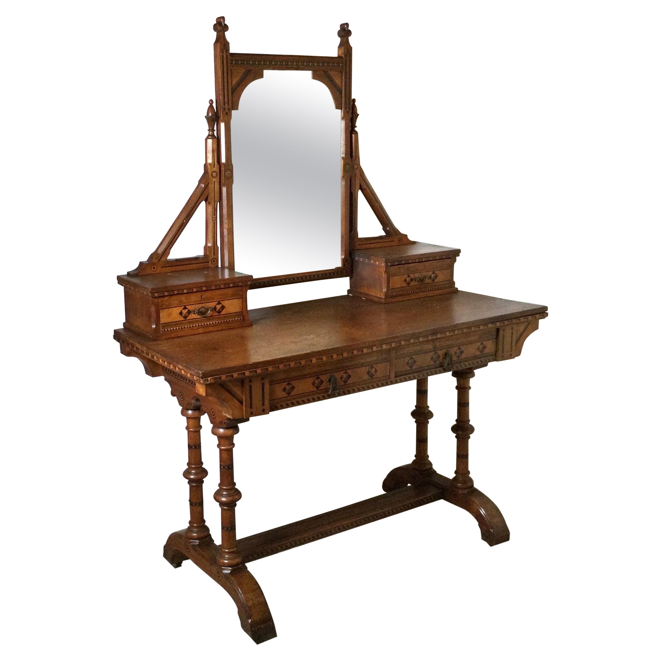 19th Century English Walnut and Oak Aesthetic Movement Dressing Table Vanity For Sale