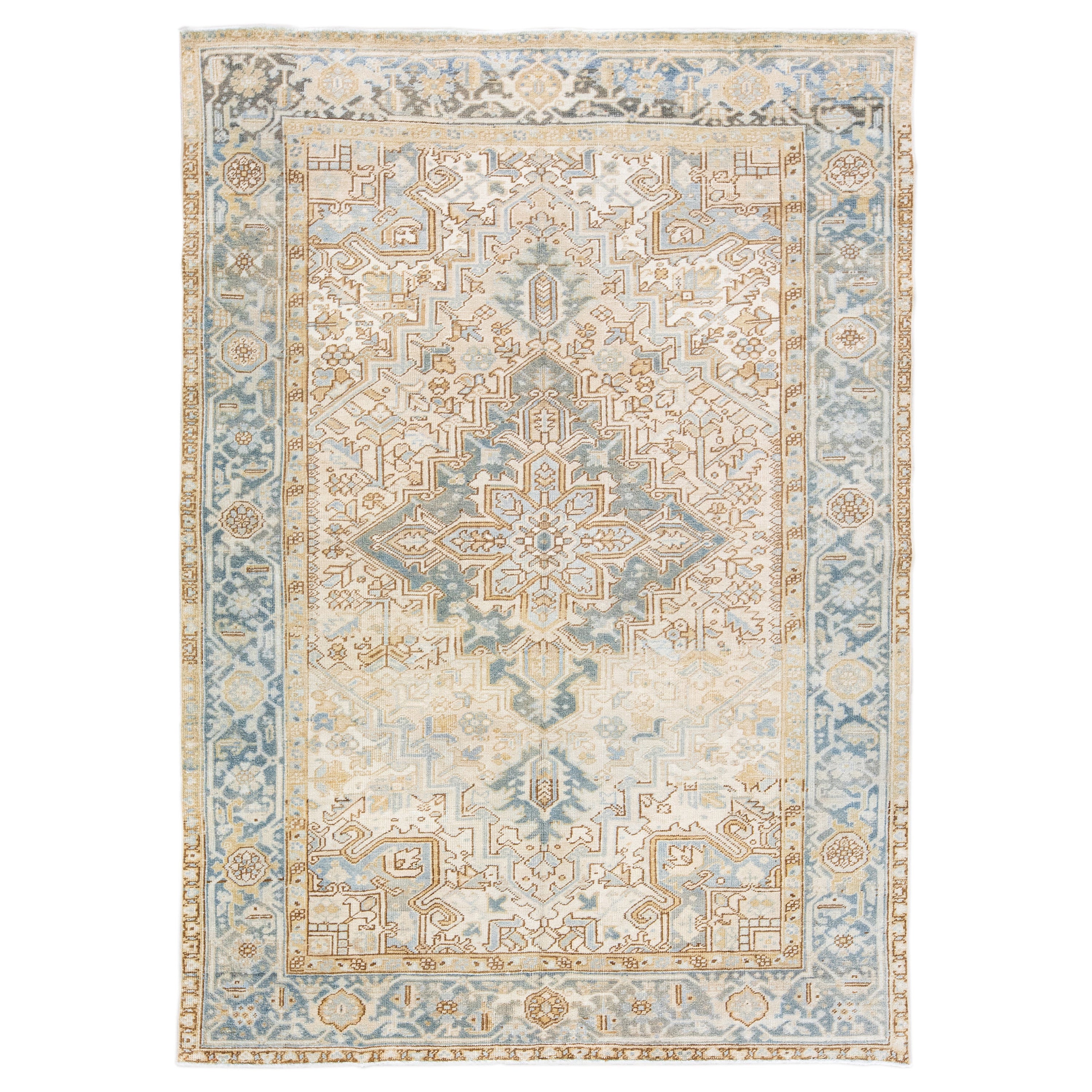 Beige Antique Persian Heriz Handmade Medallion Wool Rug