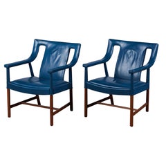 Pair of Blue Leather Lounge Chairs by Ejner Larsen & Aksel Bender Madsen