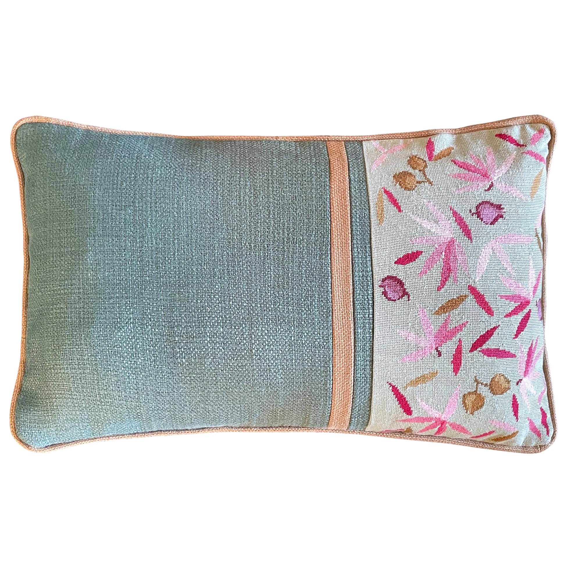 Pink Pattern Leaves, Hand-Embroidered rectangular cushion  For Sale
