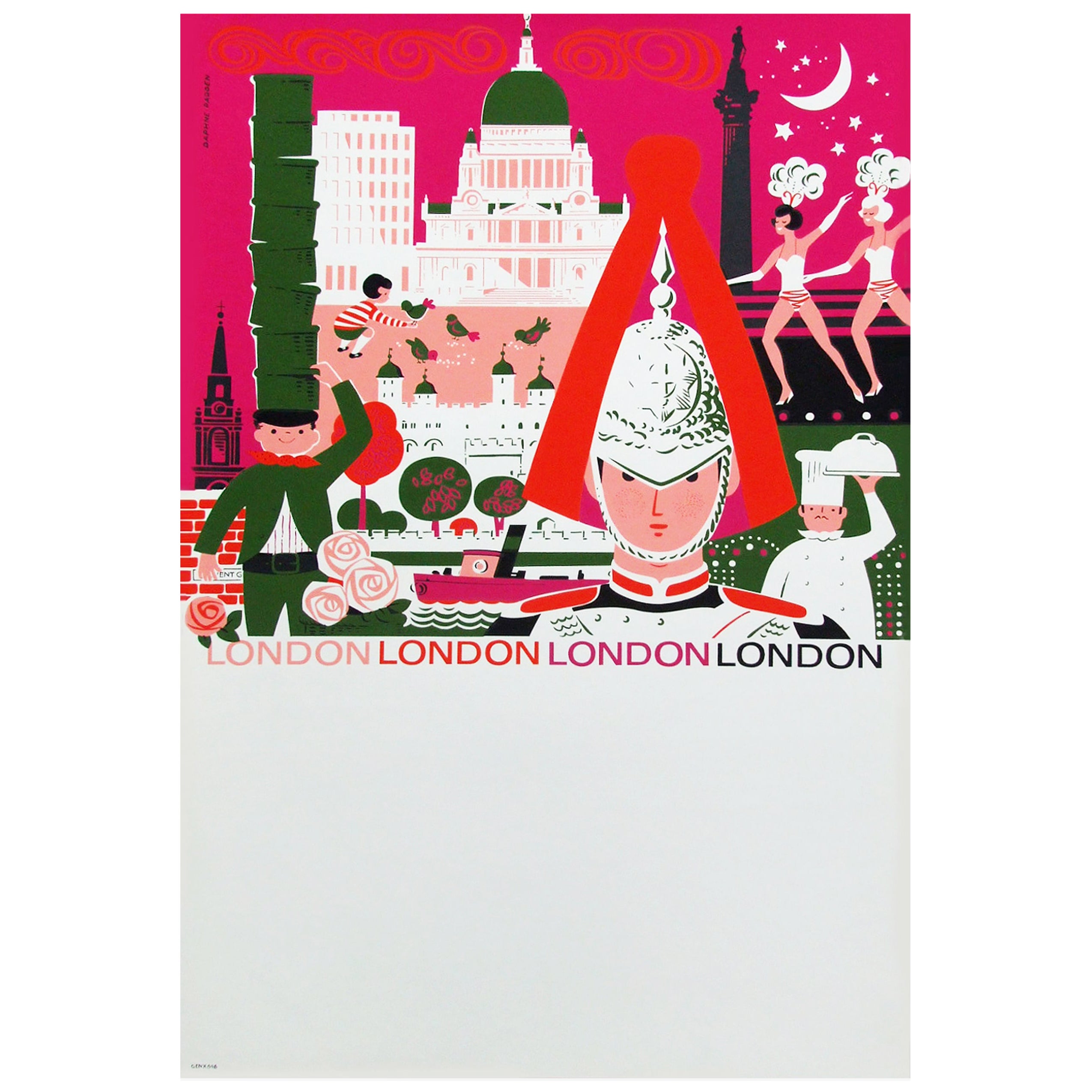 1960s London British Travel Poster by Daphne Padden, Pop Art Illustration Design