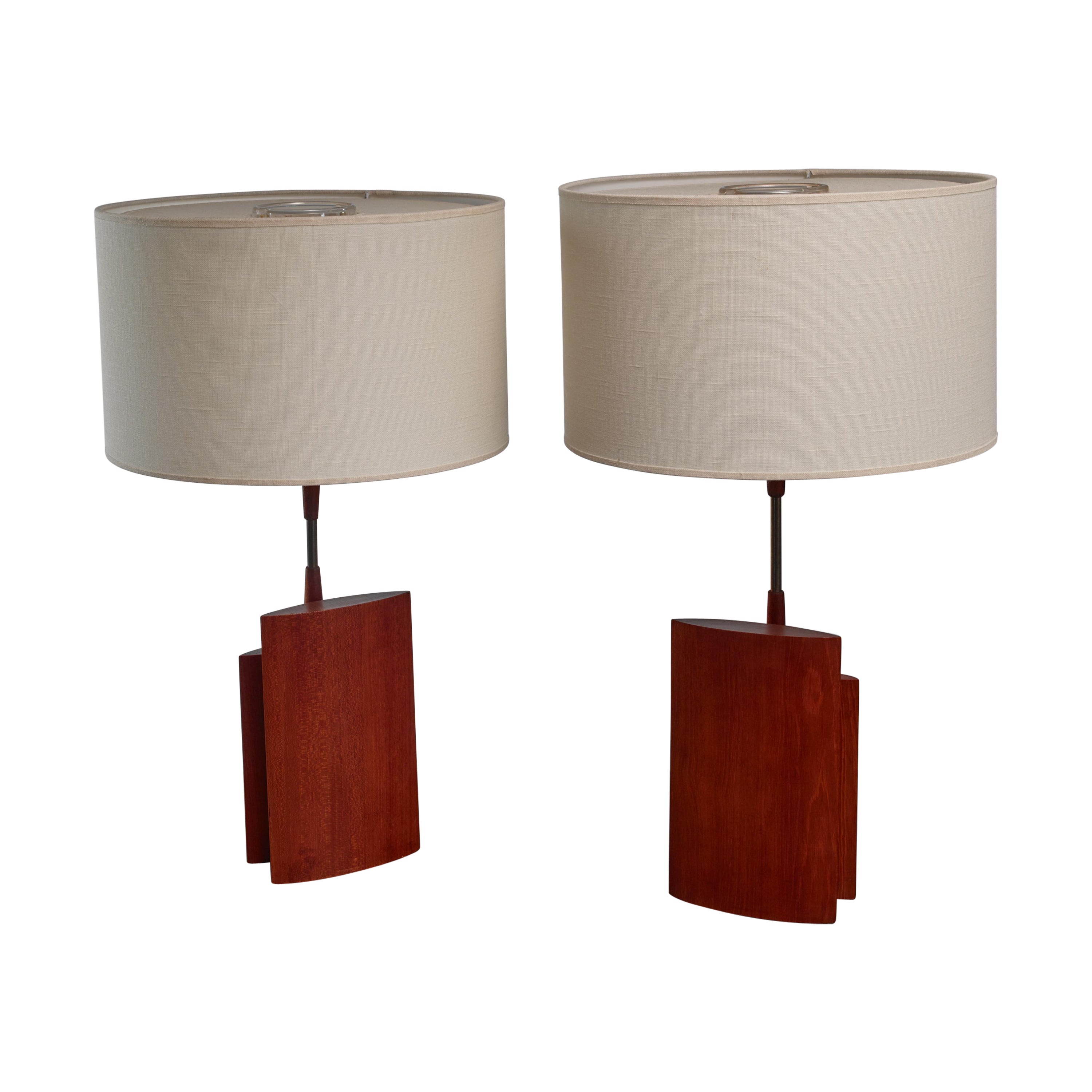 Pair of Table Lamps with Two Ellipsoid Wood Parts and Brass Stem, Denmark, 1960s For Sale