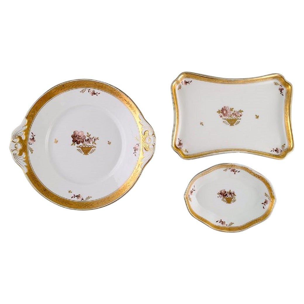 Three Royal Copenhagen Golden Basket Dishes in Porcelain with Flowers