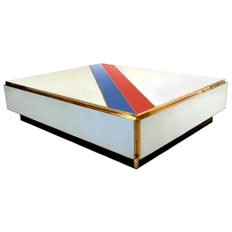 Custom Italian Art Design 2-Drawer Red Blue Stripe White Glass Low Coffee Table