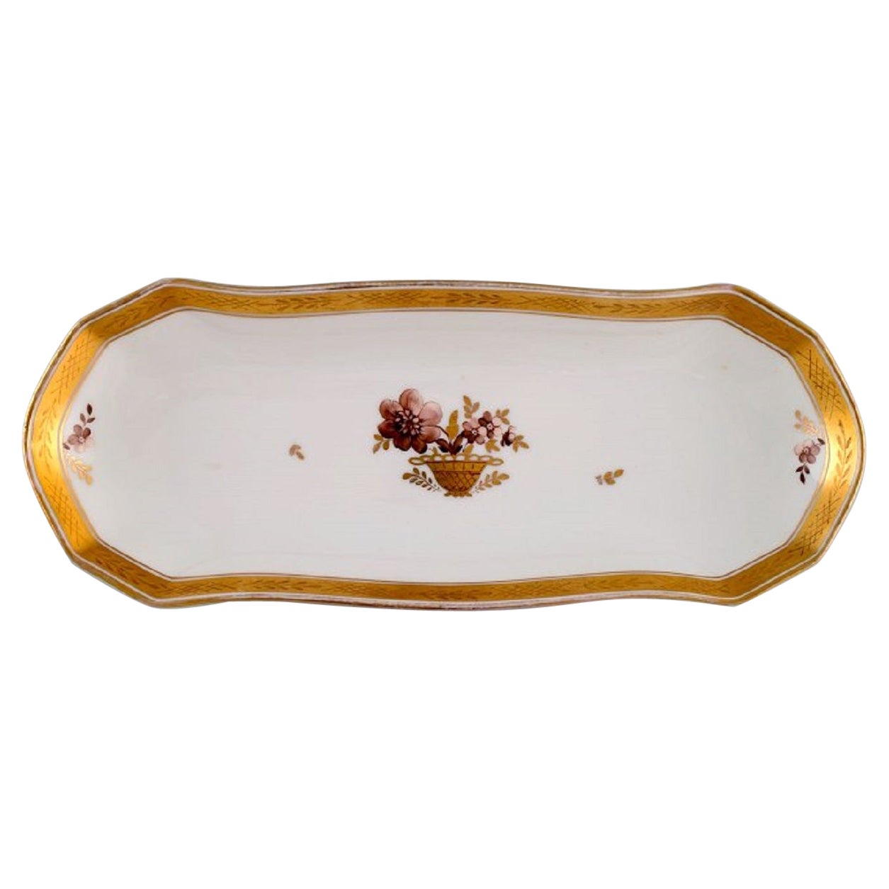 Oblong Royal Copenhagen Golden Basket Serving Dish in Porcelain with Flowers For Sale