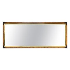 Retro Rectangular Bamboo Cane, Brown Leather and Brass Italian Wall Mirror, 1970s