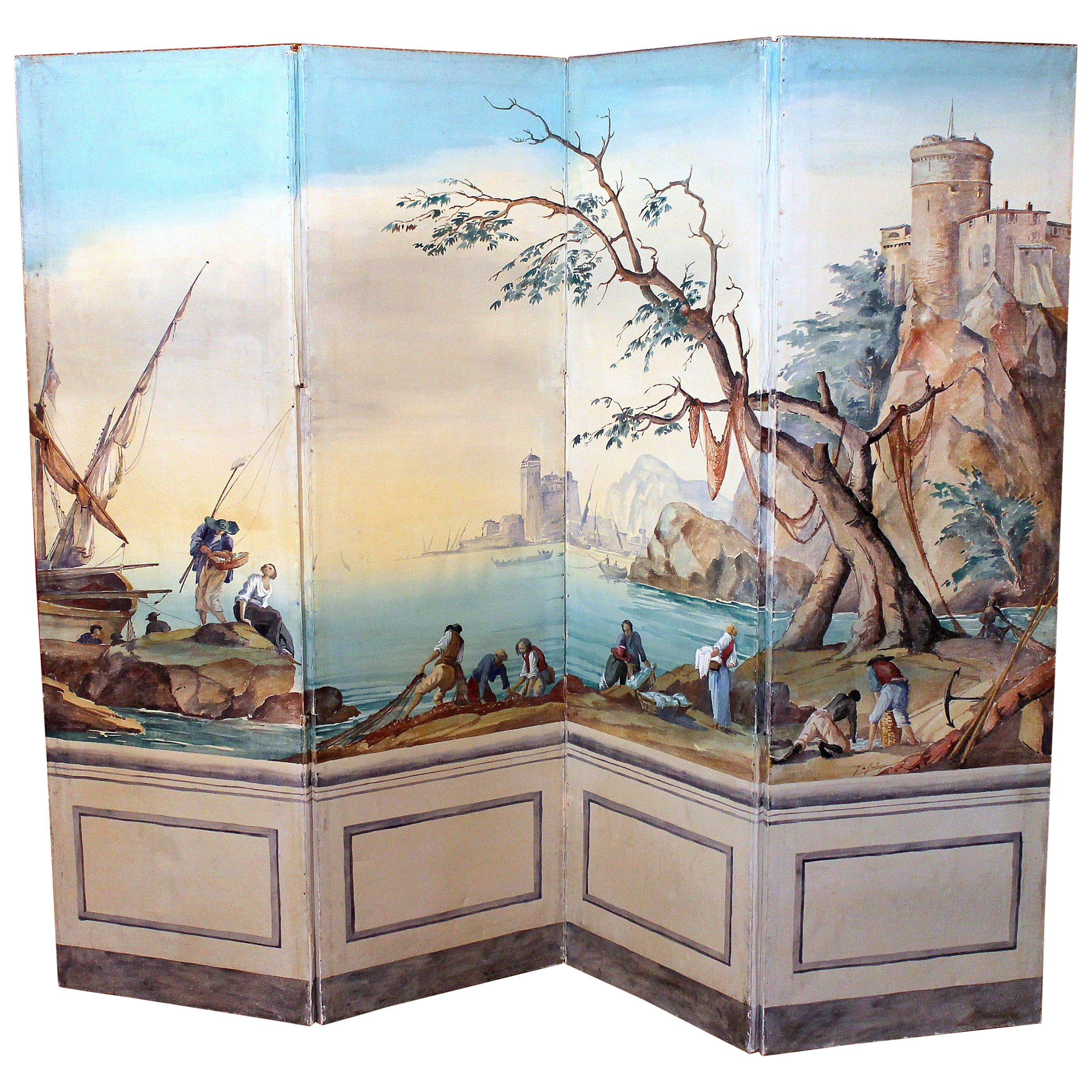 French Early 20th Century Tempera on Canvas Folding Screen with Seascape View For Sale