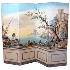 French Early 20th Century Tempera on Canvas Folding Screen with Seascape View