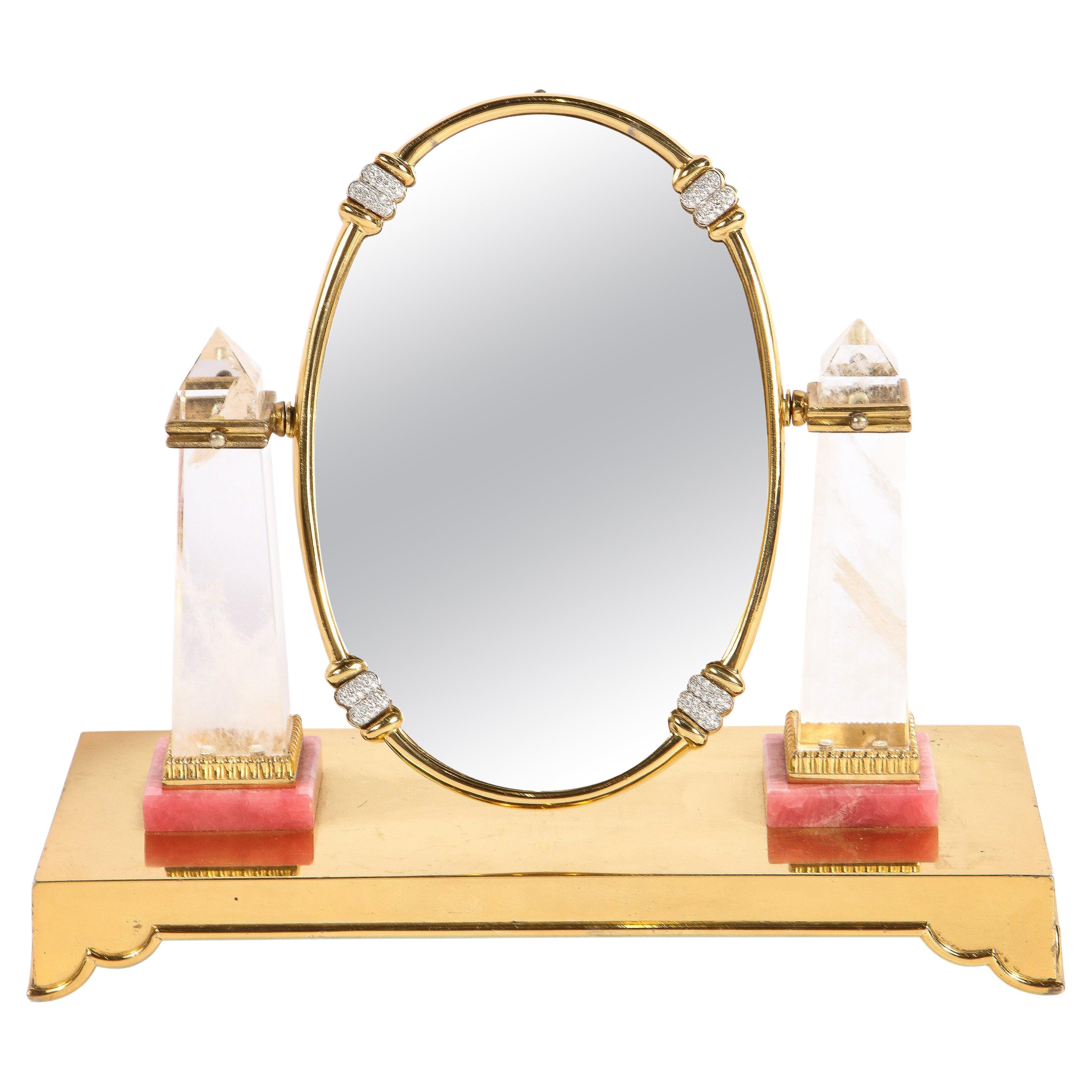 Magnifique miroir italien en argent doré, diamant, cristal de roche et rhodochrosite