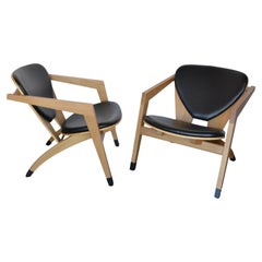 Modern American Wood Armchairs with Leather Upholstery