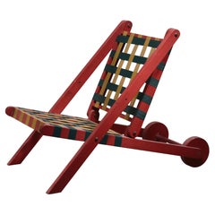 Easi-Bild Folding Red Wood Indoor Outdoor Lounge Chair with Webbing, USA, 1950s
