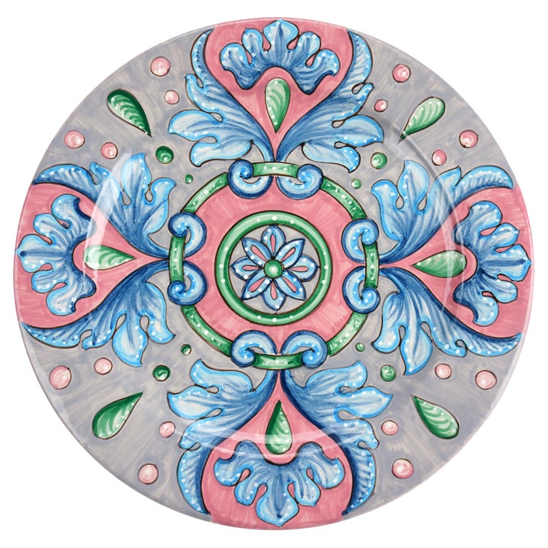 Charger Plate Set Six Dinner Plates Table Serving Majolica Ceramic Blue Pink For Sale