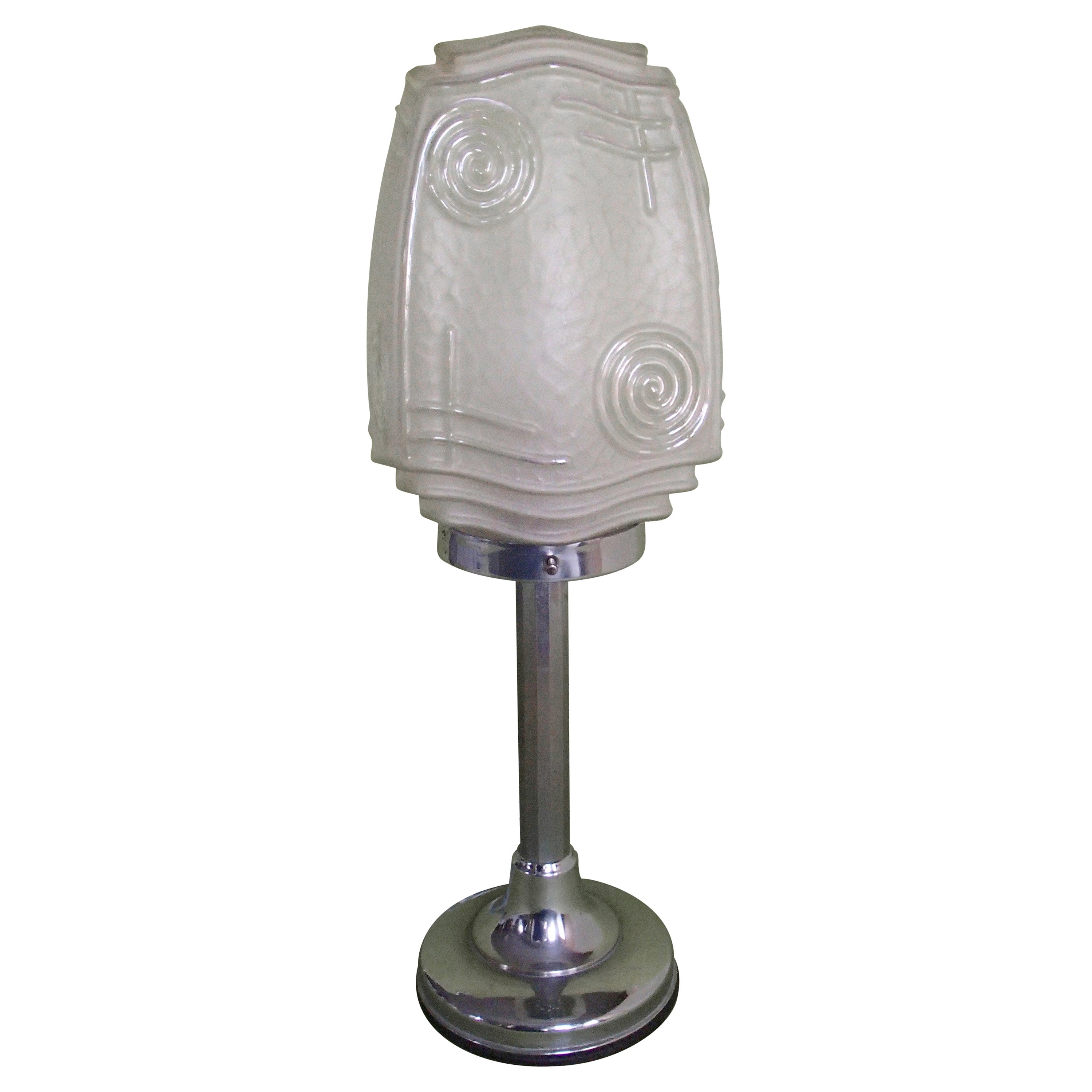 Hughe Art-déco-Tischlampe aus Chrom und geometrischem Glas