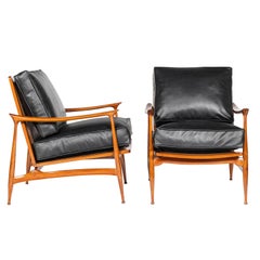 Pair of Wood, Rattan and Leather Scandinavian Armchairs, circa 1960