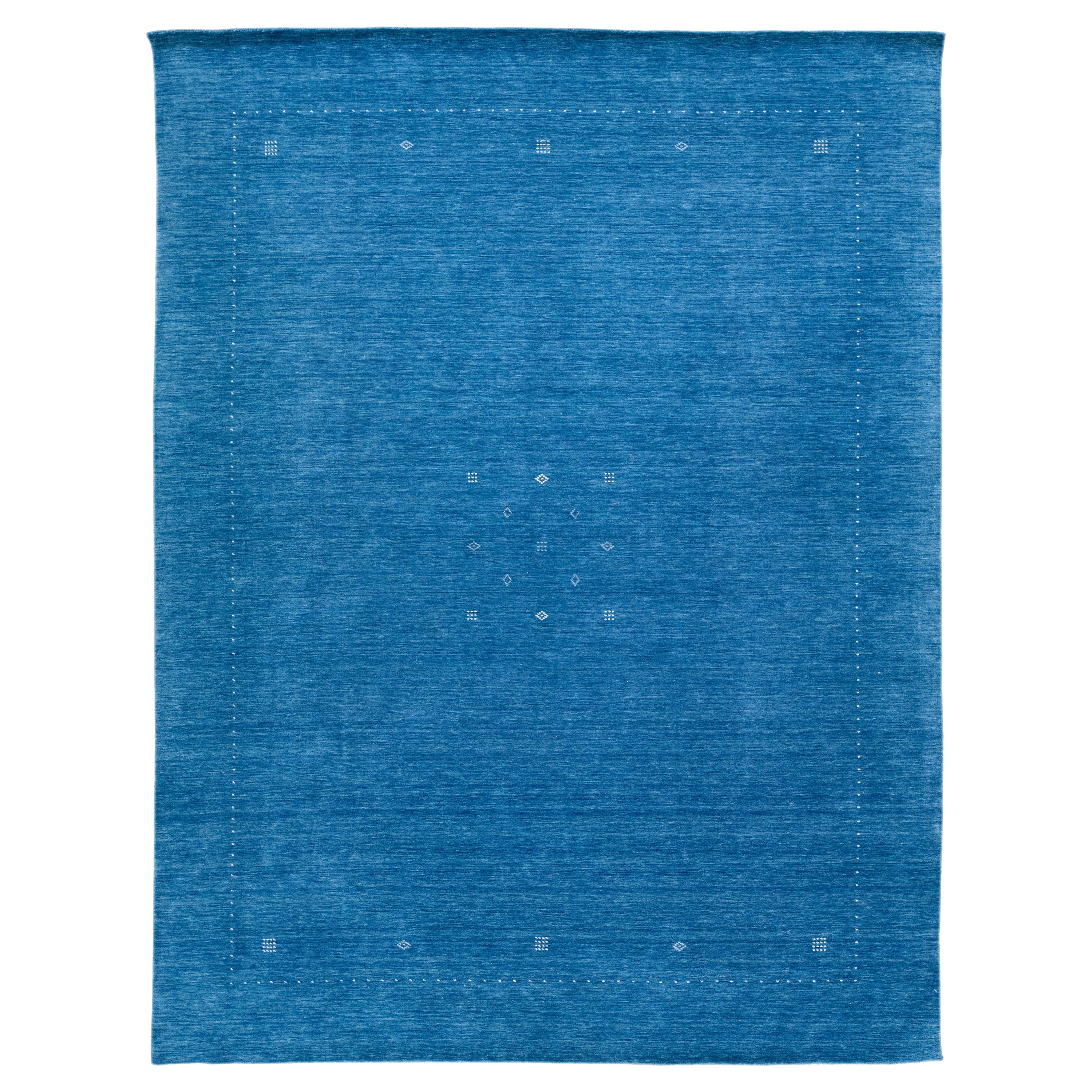 Modern Gabbeh Style Hand-Loom Wool Rug with Azure Blue Solid Color For Sale