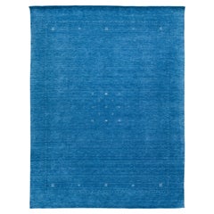 Modern Gabbeh Style Hand-Loom Wool Rug with Azure Blue Solid Color