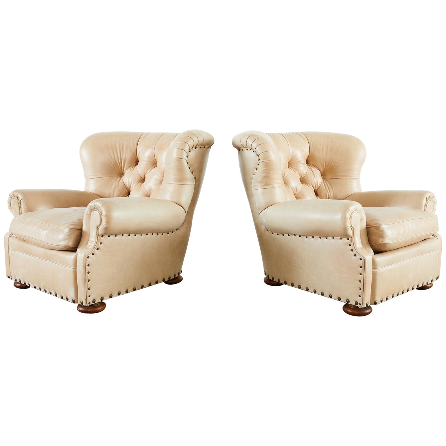 Pair of Ralph Lauren Leather Wingback Writer's Lounge Club Chairs