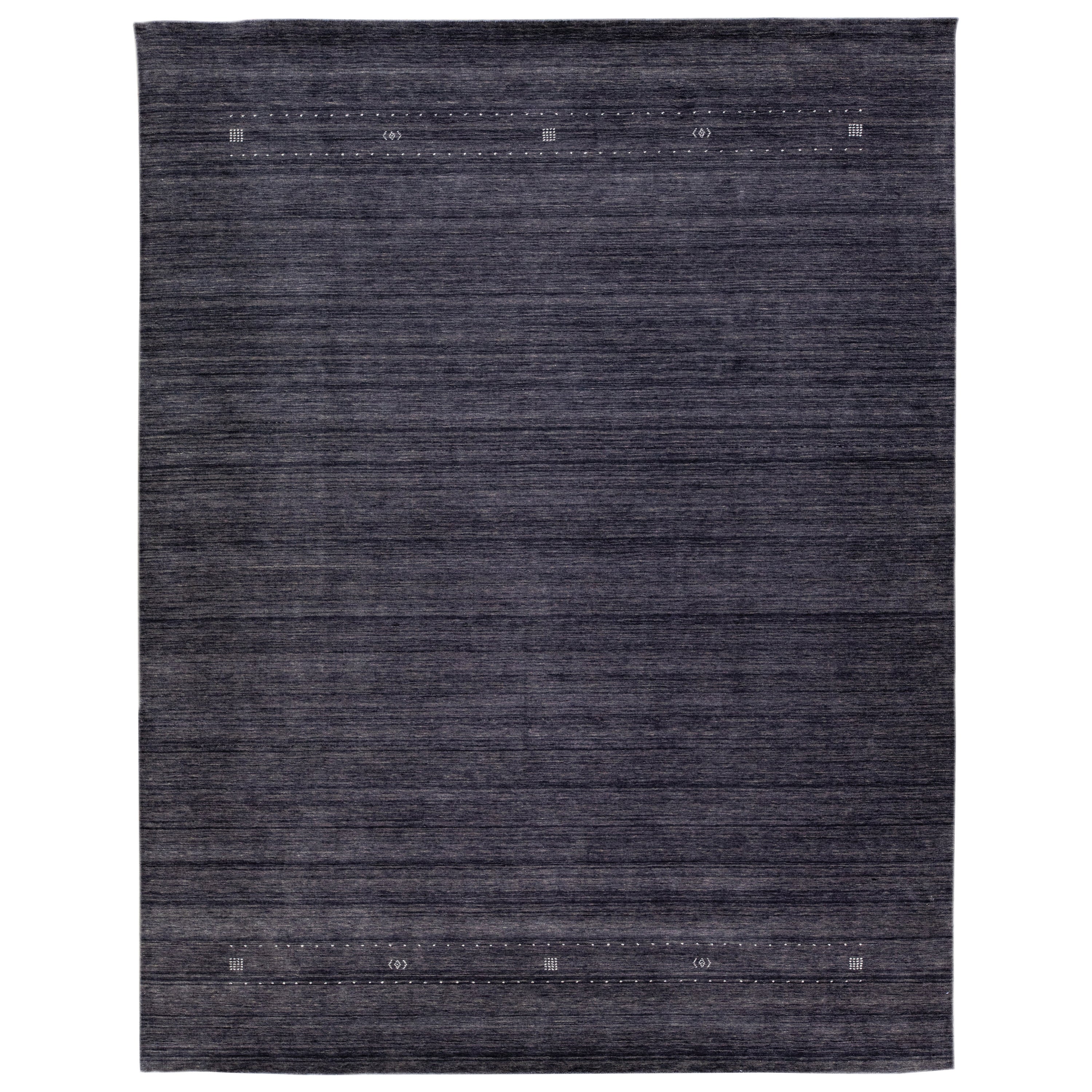 Modern Gabbeh Style Hand-Loom Charcoal Wool Rug with Minimal Design  For Sale