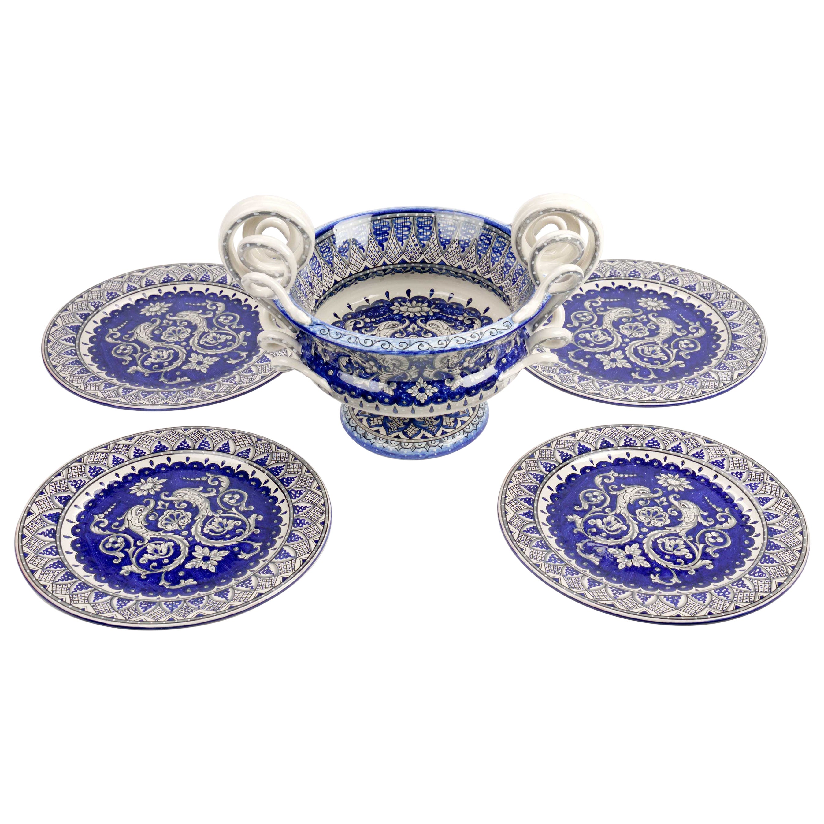 Tableware Set Ceramic, Serving Centerpiece Bowl, Charger Plates, Blue Majolica  For Sale