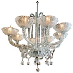 Large Murano White Glass Contemporary Eight Light Chandelier