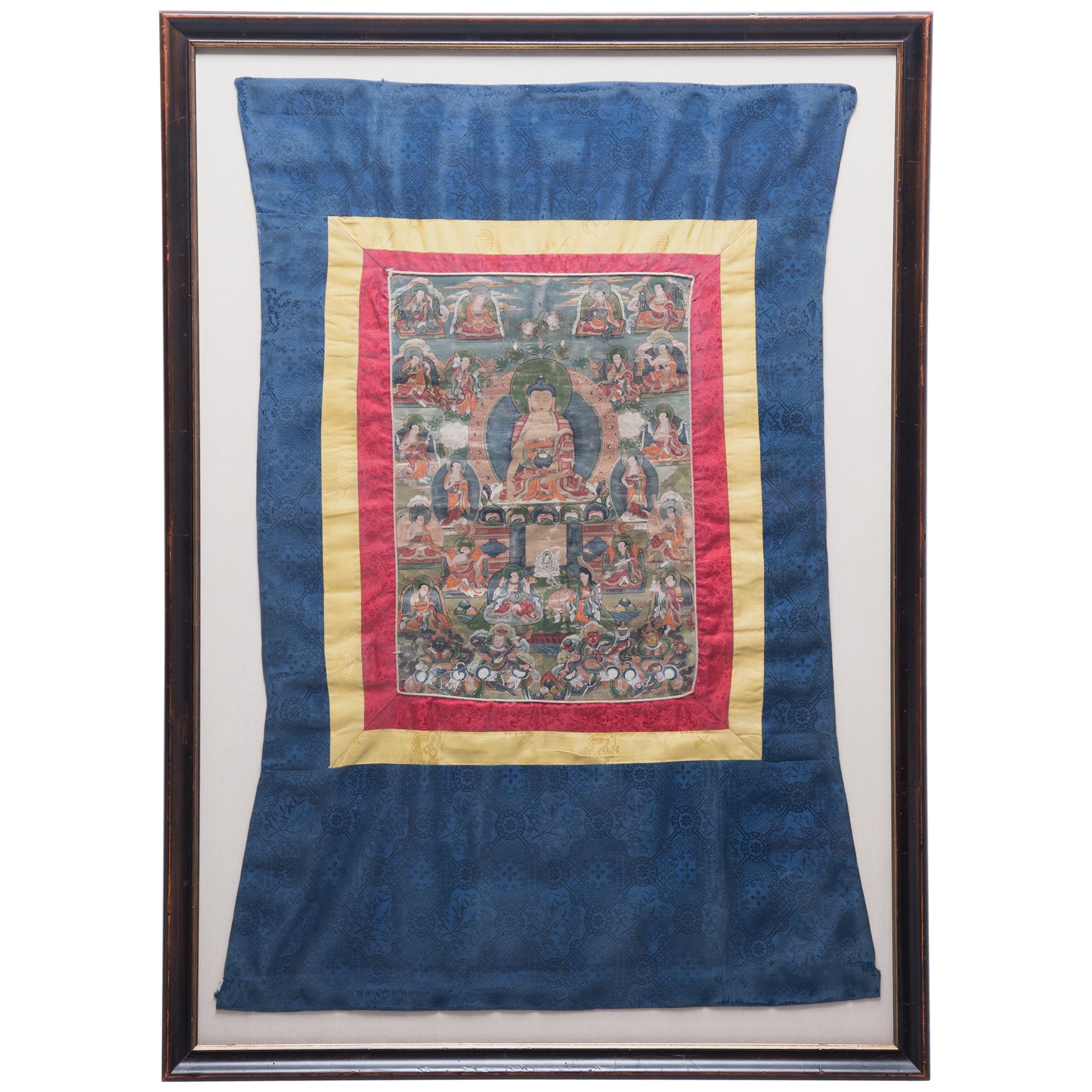 Tibetische Thangka von Sakyamuni mit Seidenbrokat, um 1880