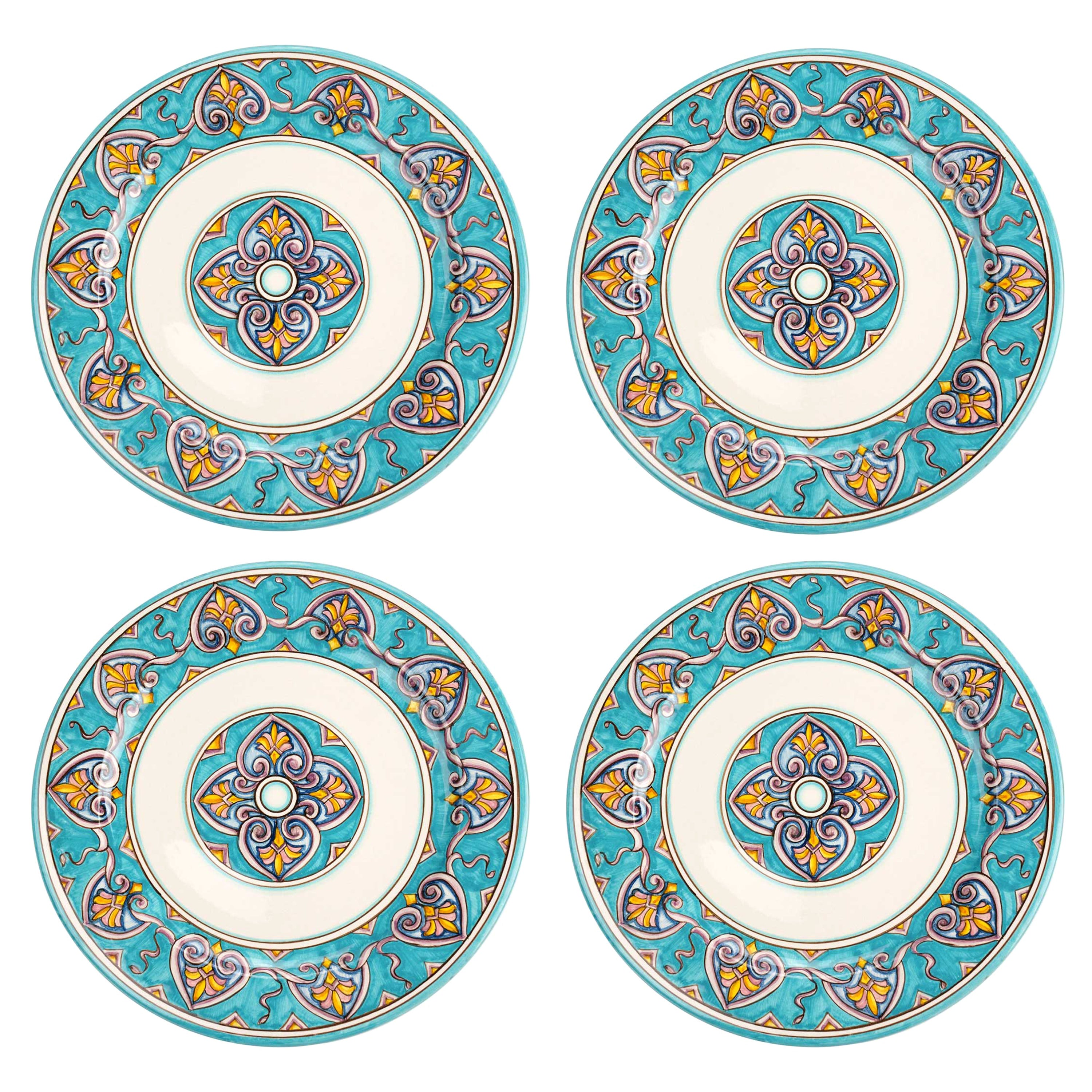 Charger Plate Set Four Dinner Plates Serveware Majolica Aquamarine Hand Painted 