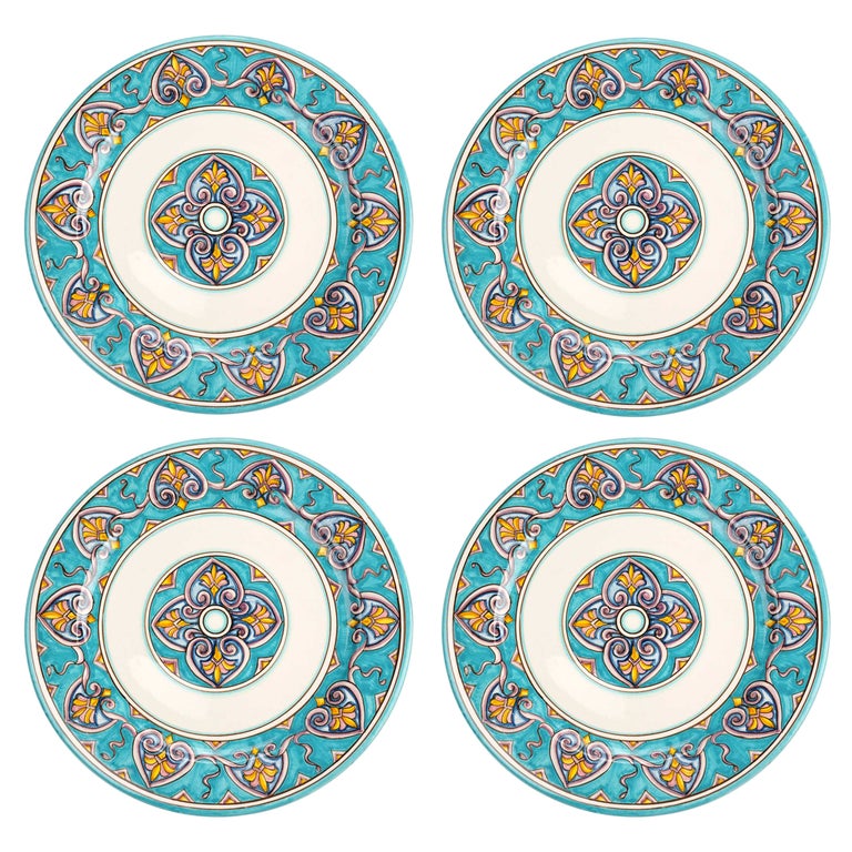 Charger Plate Set Four Dinner Plates Serveware Majolica Aquamarine Hand Painted  For Sale