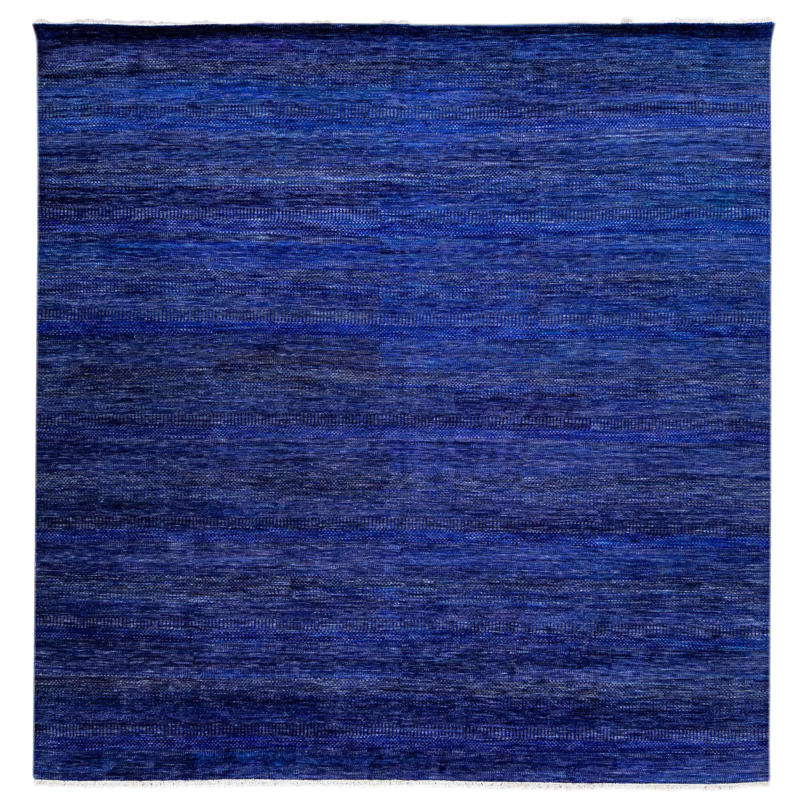 Modern Savannah Handmade Blue Geometric Square Wool Rug For Sale