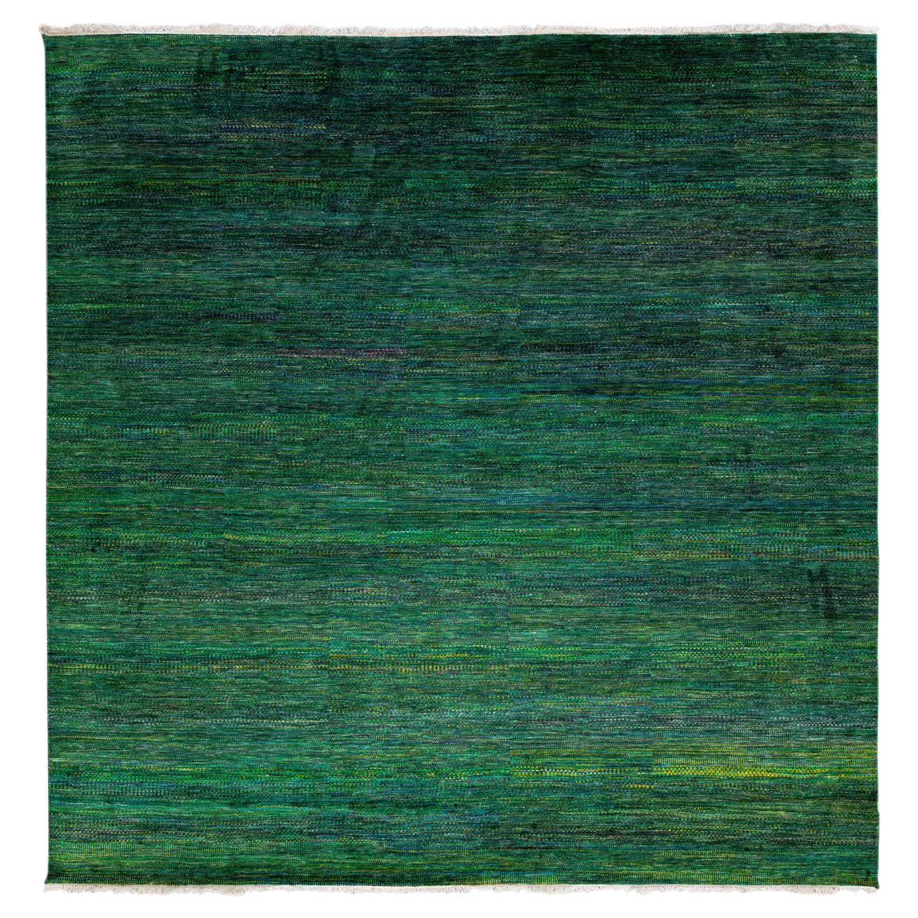 Green Modern Savannah Handmade Geometric Square Wool Rug at 1stDibs