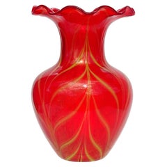 Murano Red Yellow Pulled Feather Gold Italian Art Glass Ruffle Rim Flower Vase