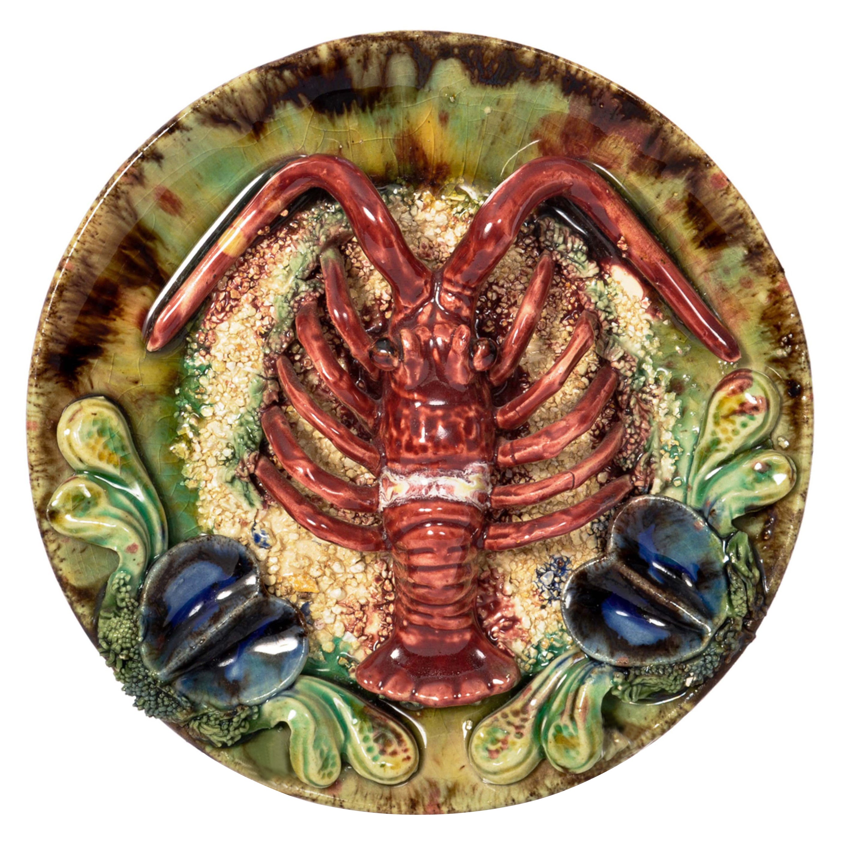 Antique Portuguese Pottery Palissy Style Majolica Lobster Wall Dish Plate, 1900 For Sale