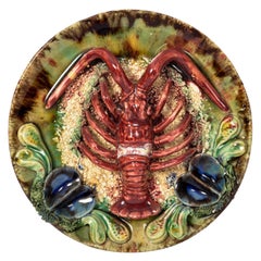 Antique Portuguese Pottery Palissy Style Majolica Lobster Wall Dish Plate, 1900