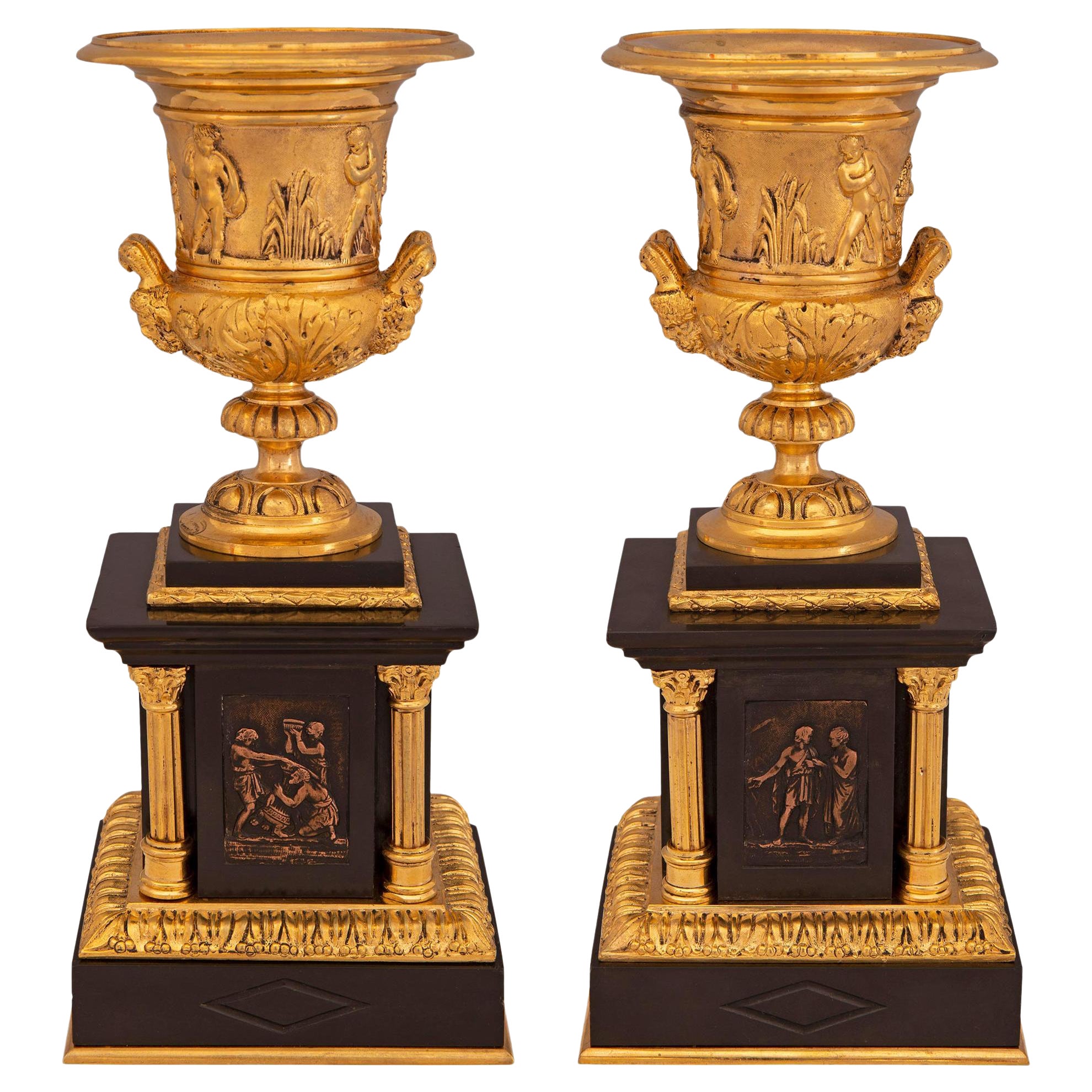 Paire d'urnes néo-classiques françaises du 19ème siècle en bronze patiné et bronze doré