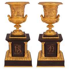 Paar französische Urnen aus patinierter Bronze und Goldbronze im neoklassischen Stil des 19. Jahrhunderts