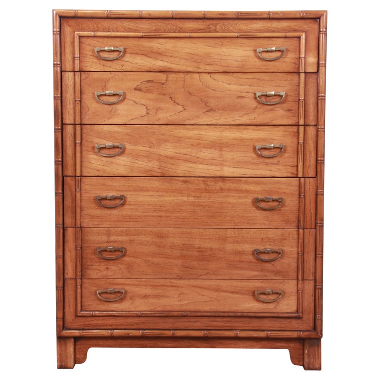Lane Furniture Mid-Century Modern Walnut and Faux Bamboo Highboy Dresser For Sale