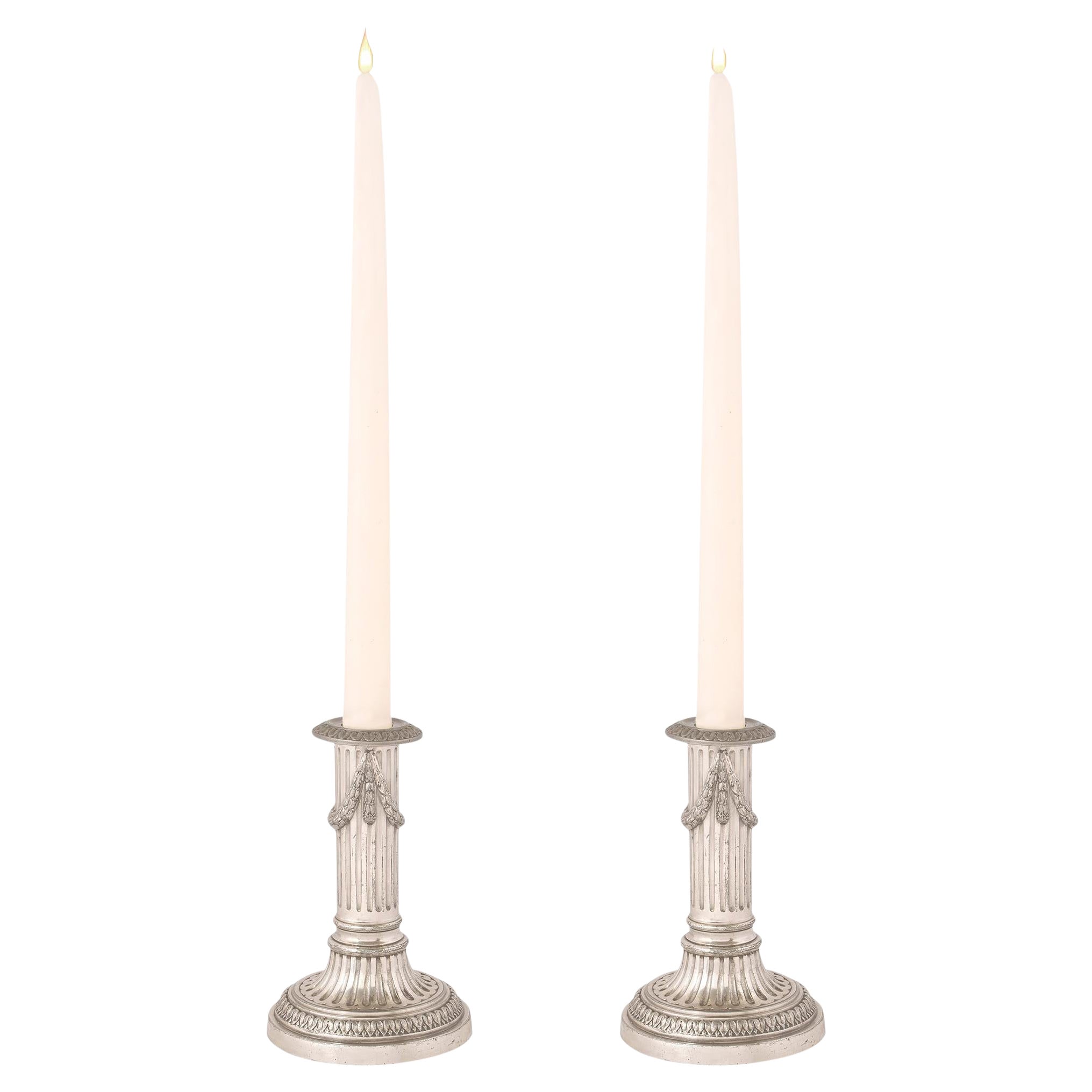 Pair of French 19th Century Louis XVI Style Silvered Bronze Candlesticks For Sale