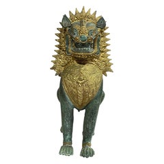 Thai Siam Khmer Bronze Gilt Singha Imperial Lion Foo Dog Temple Sculpture
