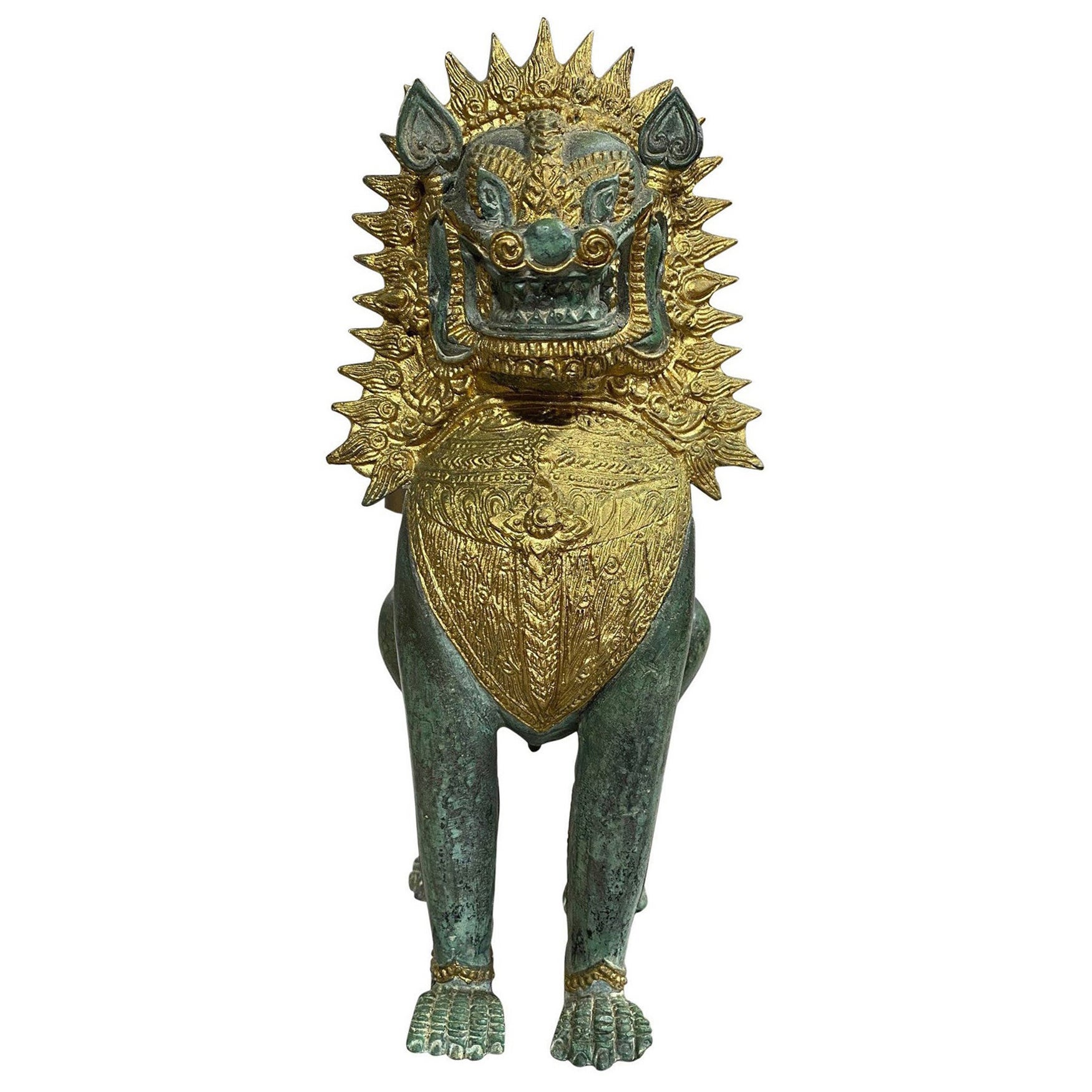 Sculpture de temple thaïlandaise en bronze doré Siam Khmer avec lion impérial Singha et chien Foo