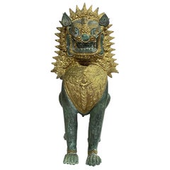 Vintage Thai Siam Khmer Bronze Gilt Singha Imperial Lion Foo Dog Temple Sculpture