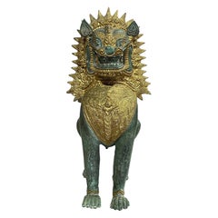 Thai Siam Khmer Bronze Gilt Singha Imperial Lion Foo Dog Temple Sculpture