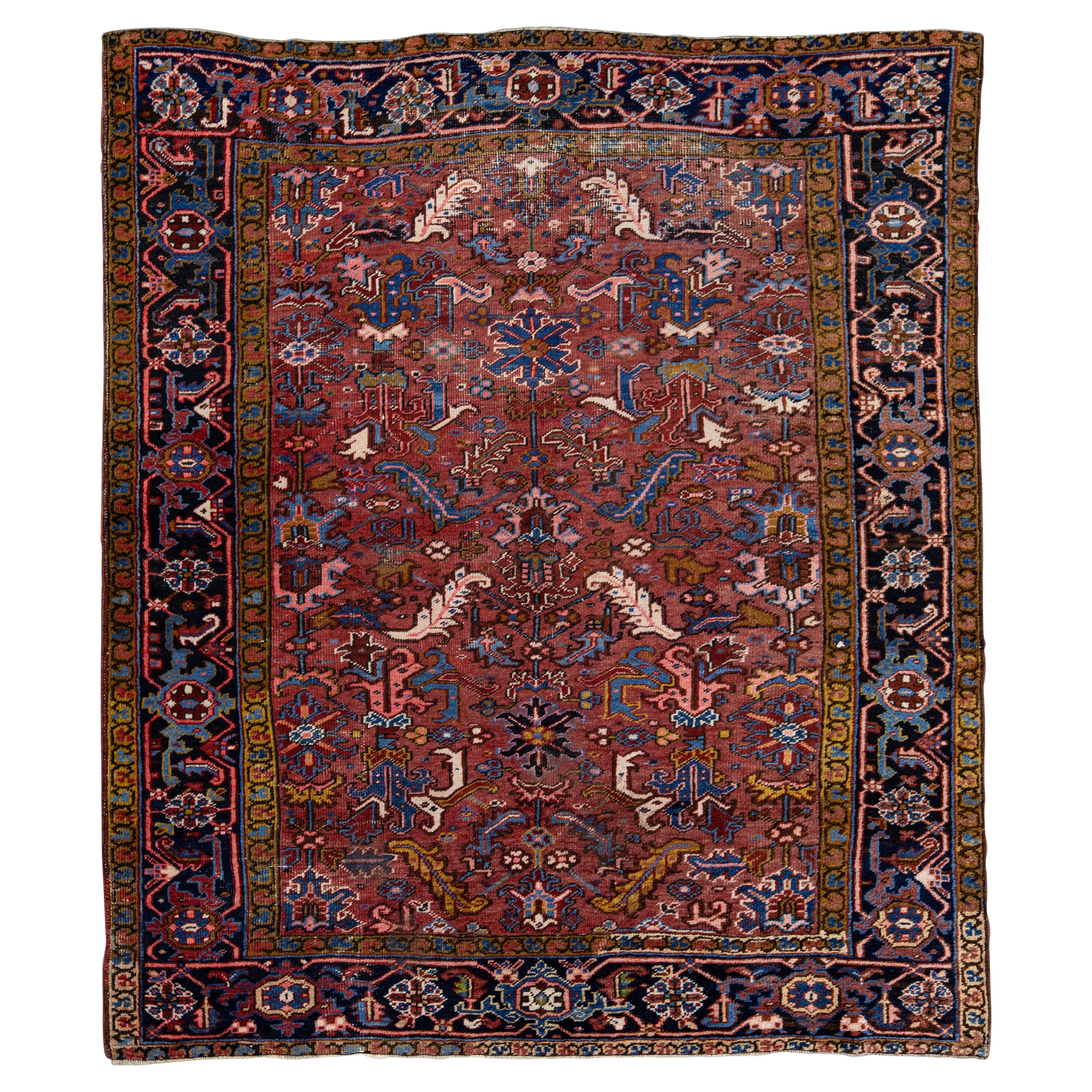 Antique Persian Heriz Handmade Allover Floral Burgundy Wool Rug For Sale