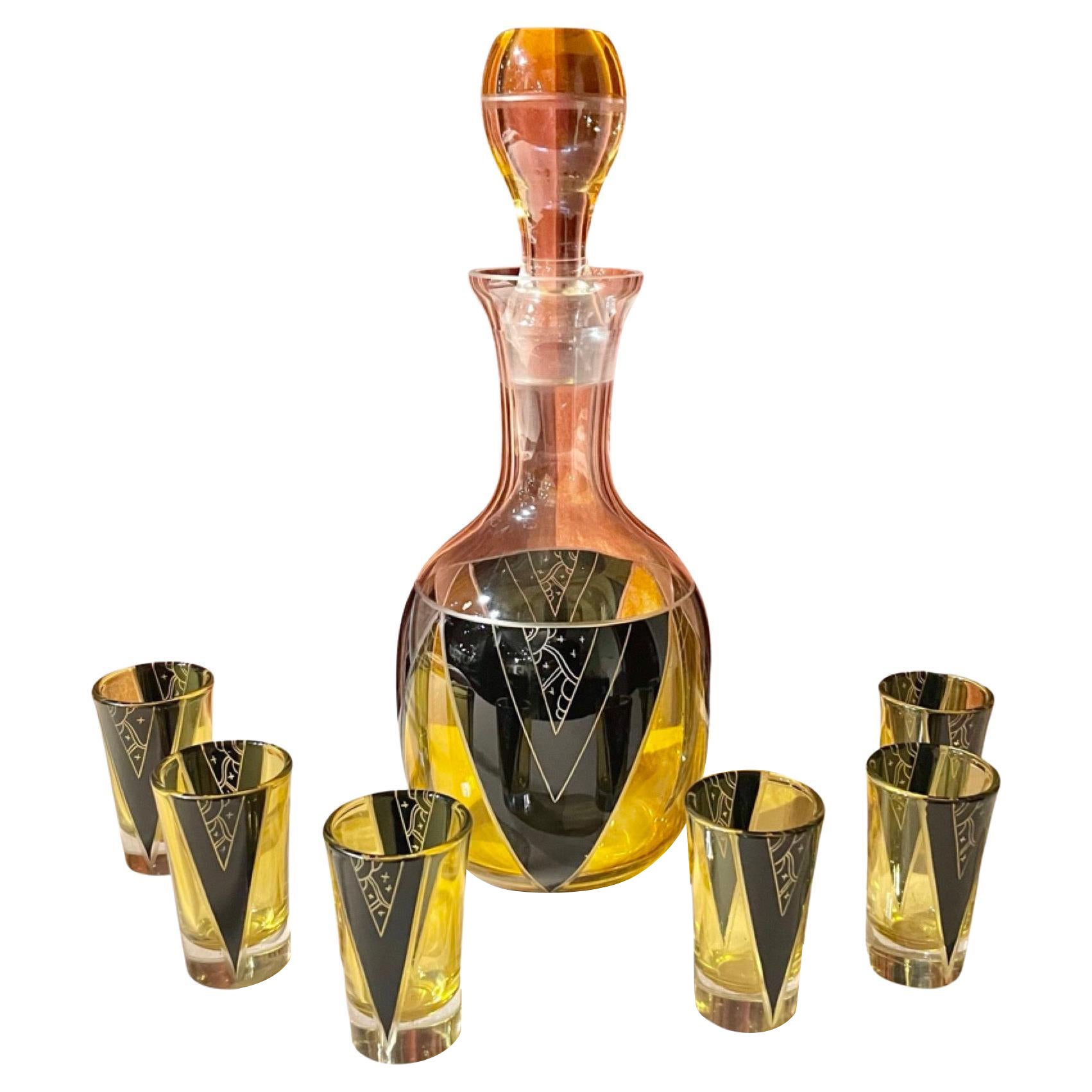 Decanter and Glasses by Karl Palda with Yellow Black Pattern For Sale