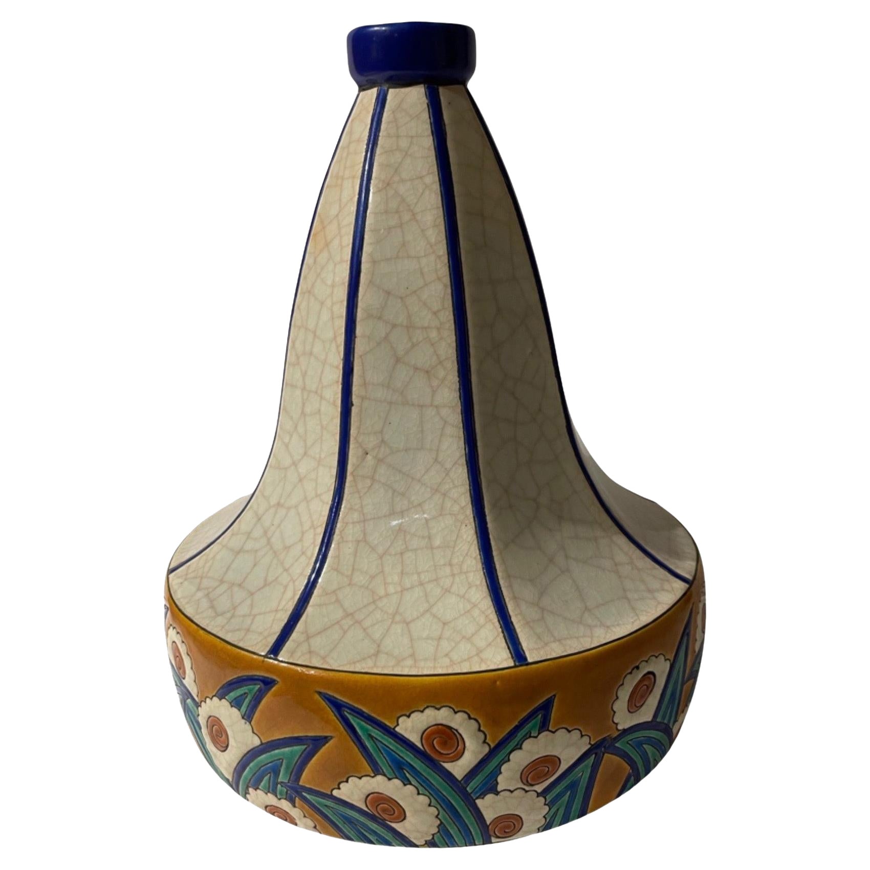 Longwy Art Déco Français Cloisonné Céramique Géométrique Forme Gourde Grand Vase en vente
