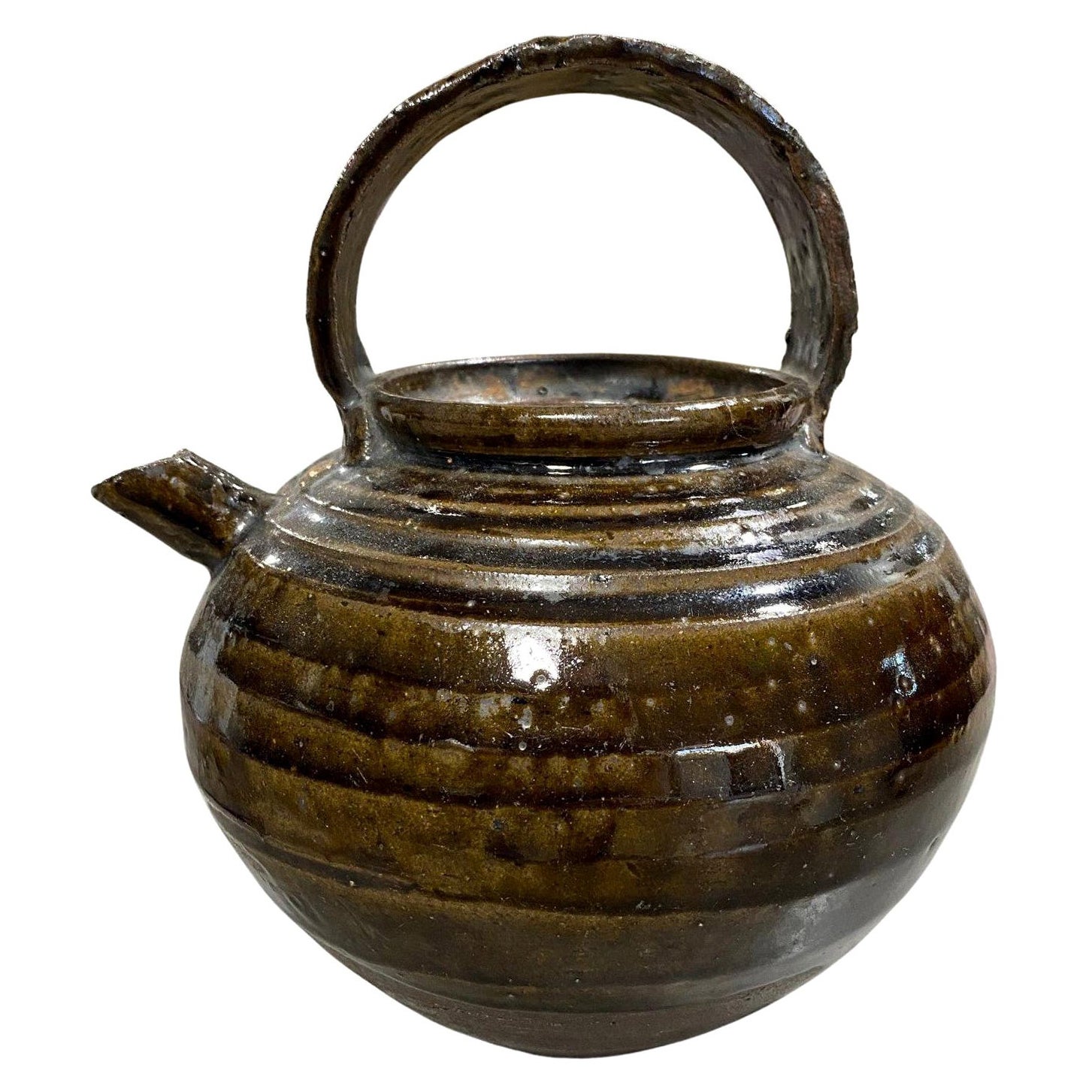 Korean, Joseon Dynasty Brown Green Glazed Stoneware Pottery Ceramic Teapot For Sale