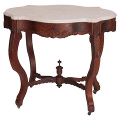 Antique Renaissance Revival Carved Walnut & Marble Turtle Top Parlor Table c1880