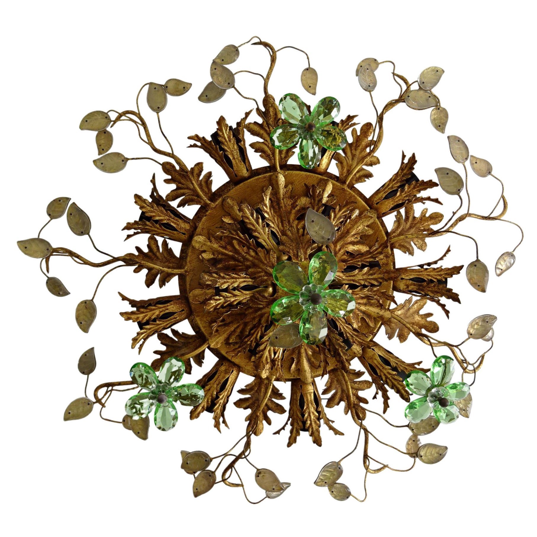 Flush Mount Maison Baguès Crystal Green Flowers Leaves Chandelier 15 Lights For Sale