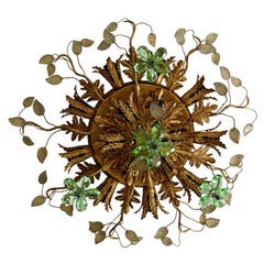 Flush Mount Maison Baguès Crystal Green Flowers Leaves Chandelier 15 Lights