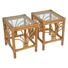 Vintage 1970 Bohemian Handmade Bamboo, Reed, Cane & Glass Top Side Table, Pair 