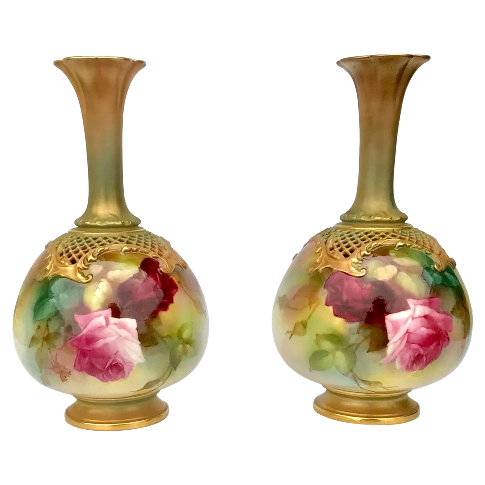 Beautiful Pair of Antique Royal Worcester Rose Painted Vases For Sale